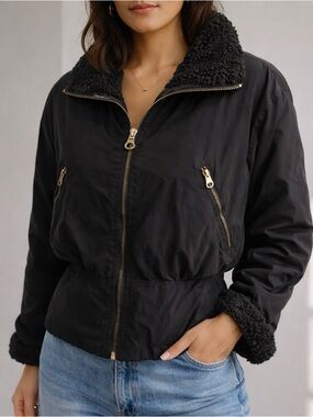 Andrew Marc Black Bomber Jacket with Sherpa Trim